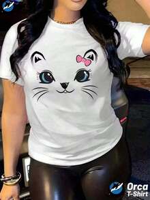 Soft 100%cottonSoft 100%cottonT-shirt1 pcsNueva camiseta de cuello redondo para mujer, manga corta, holgada, casual y versátil con ‌   estampado de gatos a la moda ‌   Tela suave con buena c - Blanco - Ver 7
