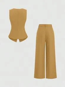 Sweetro Conjunto a juego de chaleco negro de una hilera y pantalones de pierna ancha con fruncidos - Amarillo Mostaza - Ver 2