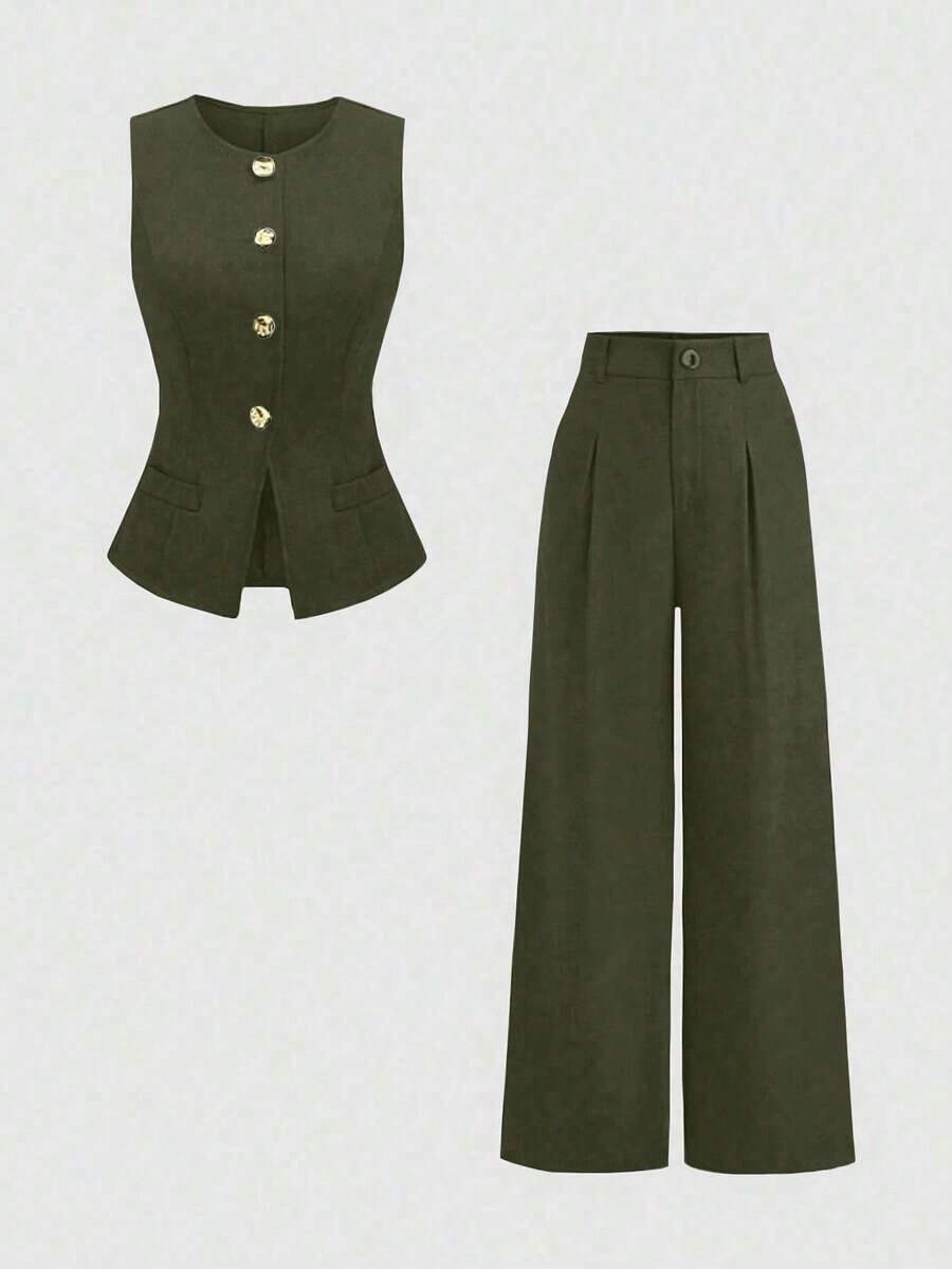 Sweetro Conjunto a juego de chaleco negro de una hilera y pantalones de pierna ancha con fruncidos - Verde militar - Ver 1