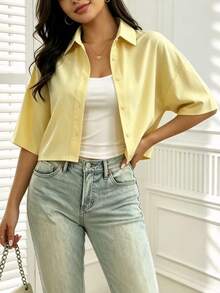 Women's Silky Smooth Short Sleeve Shirt Collar Blouse, Medium Stretch Summer - Yellow - View 2