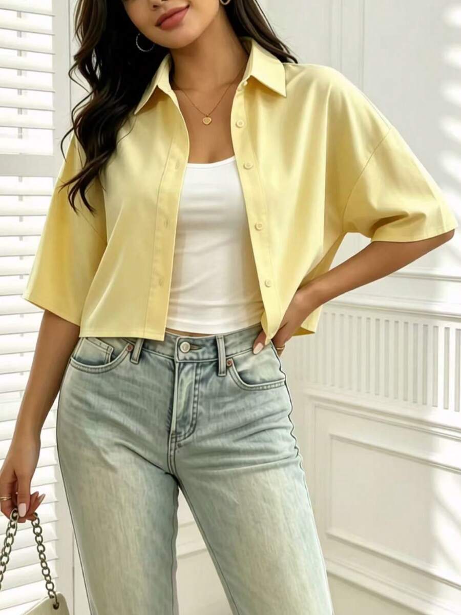 Blusa de mujer de manga corta, cuello de camisa, suave y sedosa, con estiramiento medio para verano - Amarillo - Ver 1