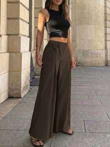 Perirose Minimalist Wide Leg Trousers In Brown, With Side Tie Design, Suitable For Office Fashion And Urban Walks In Spring/Summer - Dark Grey - View 9