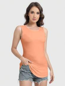 Speed mate Women's Long Casual Round Neck T-Shirt, Loose Side Basic Top, Spring/Summer Sports - Orange - View 3