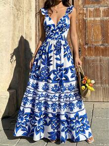 Amore Women's Summer Blue And White Tropical Flower Pineapple Printed Strap Top Long Dress With V-Neck And Ruffle Edge, Cinched Waist For Slimming, Suitable For Beach, Island, Beach, Travel Check-In, Vacation, Light Party, Tropical Style Dressing, Summer Dress,Festival Dresses,Elegant Dresses For Party,Wedding Guest Dress For Women,Beach Dress,Casual Dresses For Women,Vacation Outfits Women - Blue and White - View 2