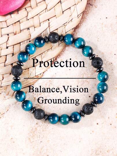 Men's Beaded Protection Bracelet With Natural Stone Blue Tiger Eye & Lava Focus, Concentration, Powerful, Grounding, Healing Yoga Meditation Jewelry Gift For Him