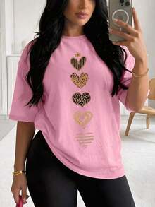 Camiseta de mujerYOCASA Camiseta Blanca con 5 Corazones de Leopardo Estampada, Manga Corta, Corte Holgado, Casual y Versátil para Mujer Blusa de Mujer con Estampado de Corazones de Estilo Leopardo, Manga Corta, Ajuste Holgado, Ropa Casual Diaria Camiseta Holgada de Corazones Leopardo para Mujer, Manga Corta, Estampado Único, Casual y MultiusosCómoda y ligera - YH628-Rosa - Ver 12
