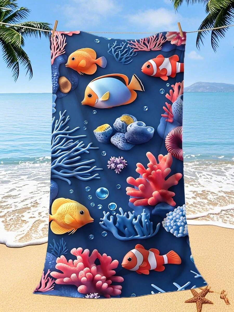 夏季速干吸水超细纤维沙滩巾 | 70*140厘米/90*180厘米可选 | 卡通水下鱼图案,便携式游泳/浴巾,可选配收纳袋,适用于沙滩、浴室、露营、健身、旅行 - 藏蓝色 - 查看 1