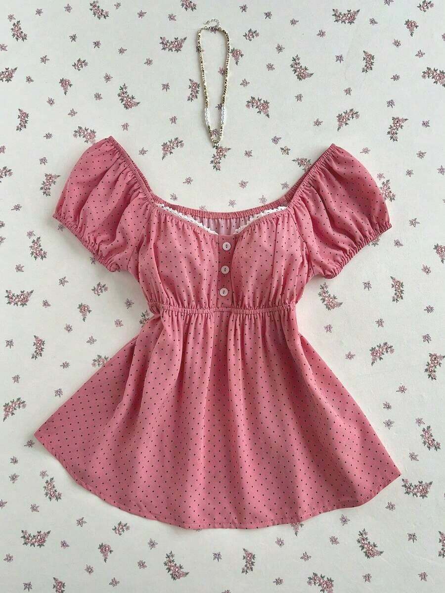 Blusa de manga corta con estampado de lunares y cuello cuadrado cómoda para mujer - Rosa vieja - Ver 1