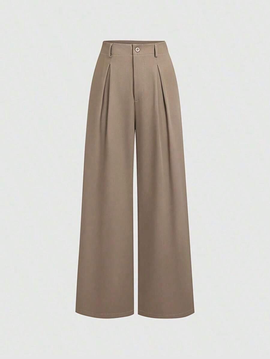 Pantalones anchos plisados con estampado jacquard, elegantes y vintage, para otoño/invierno - Caqui - Ver 1
