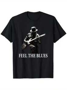 Schwarzes Baumwoll--Shirt für Herren mit Gitarren- und "FEEL BLUES"-Grafik – Lässiger, lockerer Schnitt, kurze Ärmel, Rundhalsausschnitt, maschinenwaschbar, Ganzjahreskomfort, Retro-Vintage-Stil für Musikliebhaber und Freizeitausflü, Musik--Shirts, Alltagskomfort, Blues-Musik-Bekleidung, strapazierfähiger Stoff, entspanntes Outfit, klassisches Design, bequeme Passform, bedrucktes-Shirt, für erwachseneänner. - Schwarz - Übersicht 1
