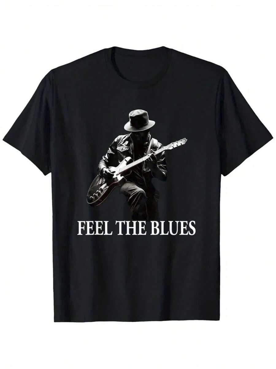 Schwarzes Baumwoll--Shirt für Herren mit Gitarren- und "FEEL BLUES"-Grafik – Lässiger, lockerer Schnitt, kurze Ärmel, Rundhalsausschnitt, maschinenwaschbar, Ganzjahreskomfort, Retro-Vintage-Stil für Musikliebhaber und Freizeitausflü, Musik--Shirts, Alltagskomfort, Blues-Musik-Bekleidung, strapazierfähiger Stoff, entspanntes Outfit, klassisches Design, bequeme Passform, bedrucktes-Shirt, für erwachseneänner. - Schwarz - Übersicht 1