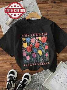 Short-Sleeved Cotton T-Shirt With Round Neck, Printed With The Words "Fresh Style Tulip Market AMSTERDAM FLOWER MARKET", Spring Outfit, Cotton T-Shirt, Summer. - 黑色 - 查看 6