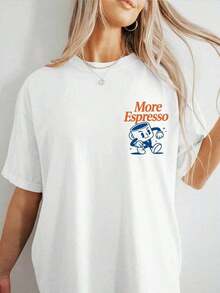 [Double-Sided Printed] Short-Sleeved T-Shirt With Dropped Shoulders And The Retro-Style Lettering "More Espresso LESS," Summer T-Shirt - White - View 2