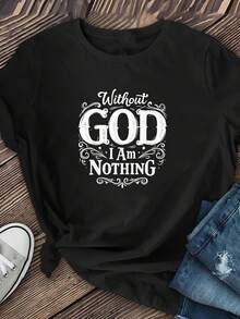 Women's Short-Sleeved T-Shirt With "There Is No God, I Have Nothing" Print, Artistic Lettering T-Shirt, Soft And Breathable Polyester Fiber, Medium Elasticity, Machine Washable, Modern Style, Round Neck, Women's Clothing, New 2026 Model. - 黑色 - 查看 2