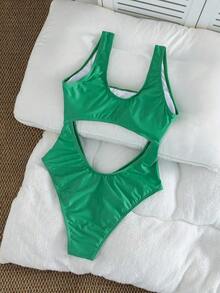 Traje de baño de una pieza de unicolor con diseño calado para mujer, ideal para la playa en verano - Multicolor 2 - Ver 3