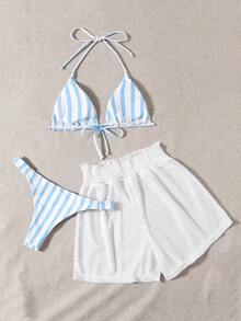 3 piezas de bikini - Bottom a rayas azul y blanco, shorts de cubrir blancos, ropa de playa casual para vacaciones de primavera/verano, fiesta en la playa - Azul y blanco - Ver 2