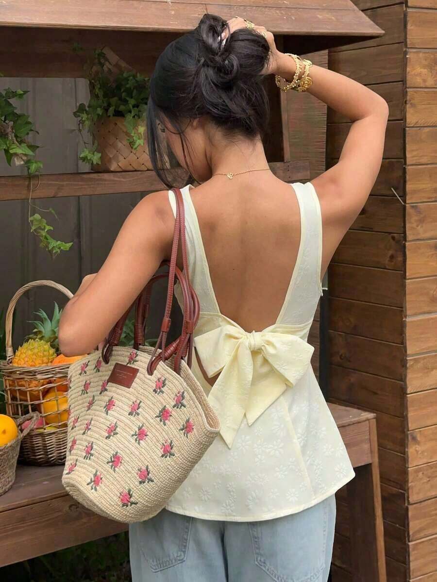 sin mangas con cuello de barco, unicolor, espalda descubierta, decoración de lazo, bajo con volantes, versátil, para vacaciones y citas - Amarillo - Ver 1