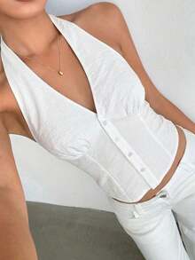 delgado de mujer de algodón con rayas, cuello alto y abotonadura sencilla, para otoño/invierno - Blanco - Ver 8