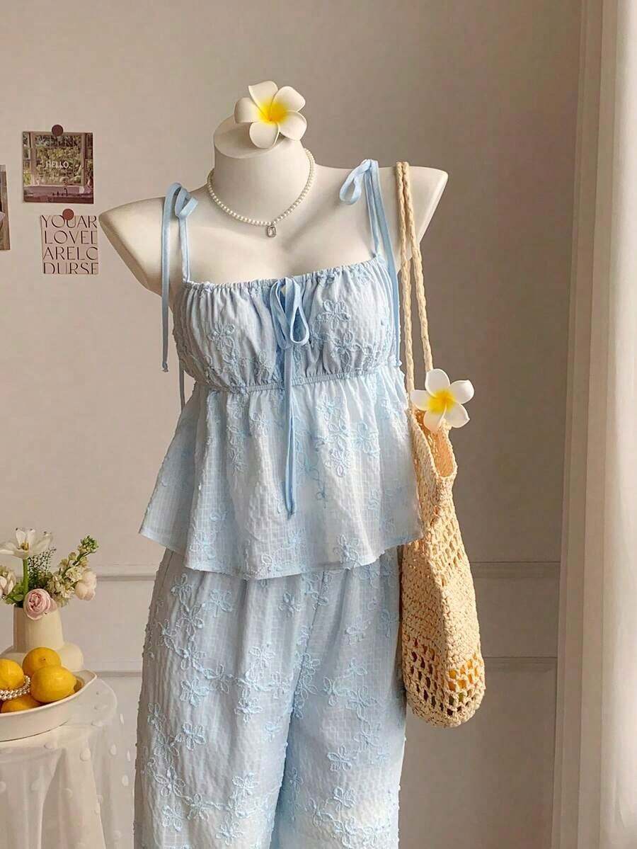 Conjunto de 2 piezas de camiseta de tirantes y pantalones con estampado de lunares, estilo casual de primavera para mujer. Conjunto de 2 piezas de lunares lindo para verano. Conjunto de 2 piezas de lunares para Halloween. - Azul 2 - Ver 1