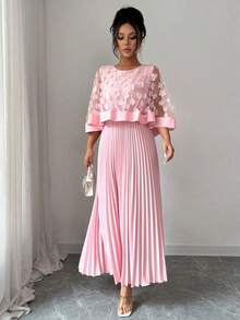 Vestido con decoración floral elegante y bajo plisado, adecuado para bodas, fiestas de cumpleaños y otras ocasiones, otoño - Rosa 2 - Ver 4