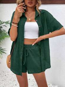Conjunto de 2 piezas con blusa de manga corta de cuello de botones y shorts con lazo delantero, sencillo, para mujer - Verde Oliva - Ver 7