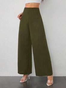 Pantalones de Pierna Ancha de Cintura Alta con Textura para Mujer, Estilo Casual y Sencillo, para la Temporada de Regreso a Clases y Uso Diario - Verde militar - Ver 4