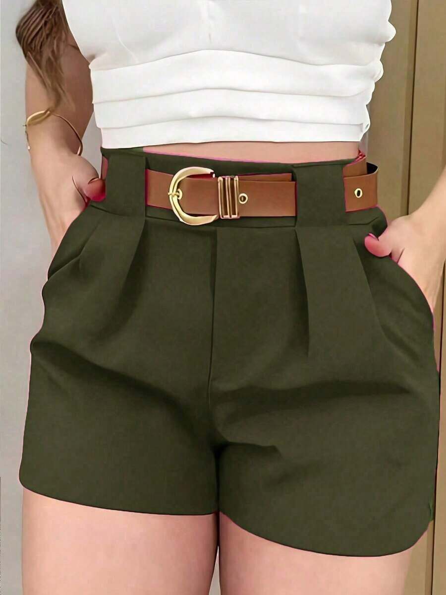 Pantalones cortos casuales de unicolor para mujer, verano - Verde militar - Ver 1