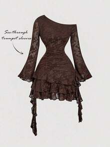 MOD Vestido asimétrico con volantes para mujer talla grande en color marrón oscuro, vestido marrón oscuro, vestido marrón café, vestido corto marrón, vestido, vestido de otoño/invierno, vestido de Navidad, vestido de Año Nuevo, vestido de Acción de Gracias, vestido de fiesta, disfraces de Navidad, vestidos de fiesta para mujer, vestido de fiesta de Navidad - Marrón - Ver 5