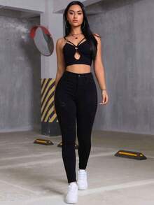 Jeans skinny de mezclilla azul oscuro con bolsillos múltiples efecto levantador de glúteos elásticos - Negro - Ver 6