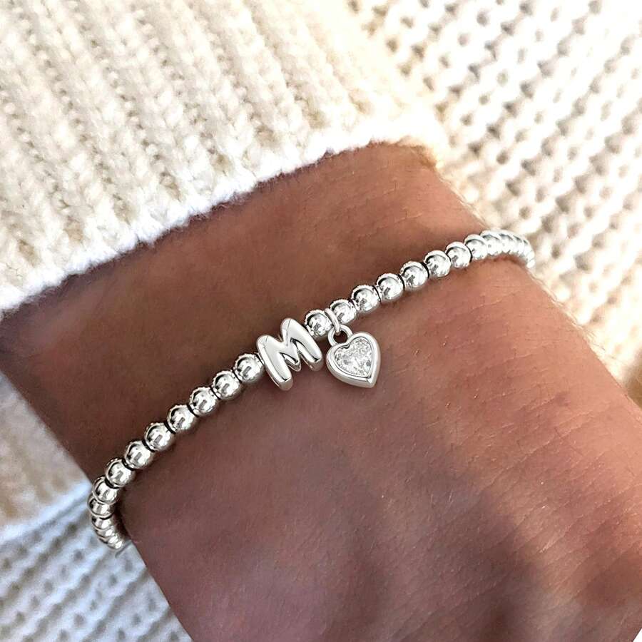1pc Minimalist Classic Bubble Initial Heart-Shaped Silver Beaded Bracelet For Women - Silver - View 1