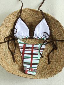 Maiô Bikini Feminino Retrô Xadrez com Design de Gola Contrastante, Conjunto de Maiô de Duas Peças Ultra Sexy para Férias na Praia, Primavera Verão 2026 - Multicolorido - Visão 3