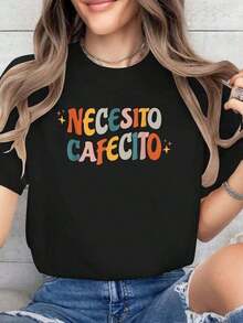 Tops de mujerNecesito Cafecito Camiseta de Algodón Estampada con Diseño de Café Español para Verano, Top Suave de Manga Corta para Mujer, Camisetas Gráficas Modernas y CómodasTops de verano - Negro - Ver 7