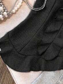 Conjunto de 2 piezas de top elegante con volantes asimétricos en el bajo y pantalones para mujer - Negro - Ver 4