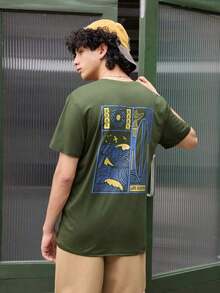 Men's Short-Sleeved T-Shirt With A Crew Neck And Graphic Print, From Open Phase. Casual And Versatile Style For Everyday Wear, Slim Fit, American Retro Style, Unisex, Relaxed Fit, Ideal For Summer And Summer Vacation Outfits. - Lightweight. - 軍綠色 - 查看 2