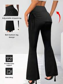 Quần legging yoga ống loe bất đối xứng mới, quần dài co giãn ôm sát tôn dáng với thiết kế nhún hông, quần ống loe cạp cao giúp kiểm soát vòng bụng, thích hợp cho trang phục thường ngày thanh lịch và các kỳ nghỉ, màu đen. - màu đen - Xem 3
