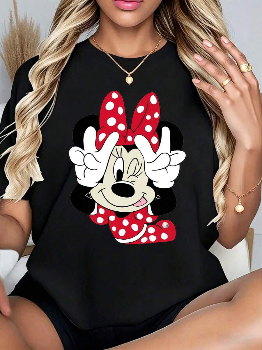 [Disney Official Authorization] This Women's Casual Cotton Crew Neck White Short-Sleeved Minnie Mouse Print Loose-Fitting T-Shirt Is Perfect For Taking Photos At Disneyland, As A Travel Souvenir, For Everyday Casual Wear, Or For Matching Family Outfits. It Also Makes An Ideal Valentine's Day Gift For Friends And Family. A New Spring Style, This Women's Clothing Is Comfortable And Skin-Friendly, Suitable For Outdoor Wear.The Sizing Runs Small; If You Prefer A Loose Fit, Please Choose One Size Up. - màu đen - Xem 1