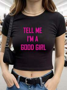 Mother's Day Set - Sexy Women's Crop Top Y2K Style - Fitted Short Sleeve T-Shirt With "Tell Me I'm Fine" Print In Pink Letters, Black And Pink Pattern, Machine Washable, Casual Urban Style, Sizes S-XL, Fitted Waist Design, Modern And Simple Set - 100% Cotton, Soft, Breathable, Women's Crop Top / Short T-Shirts - 黑色 - 查看 2