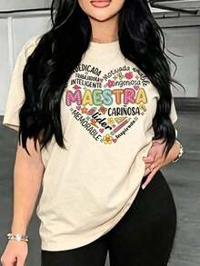 Solt Vintage Camiseta estampada para mujer con diseño divertido de Maestra, ideal para profesoras con estilo, tela suave y cómoda, perfecta para el día a día o como regalo original y lleno de color. Cuello Redondo Algodón 100% Tejido Suave Manga Corta Transpirable y FrescaFashion graphic - Albaricoque - Ver 8