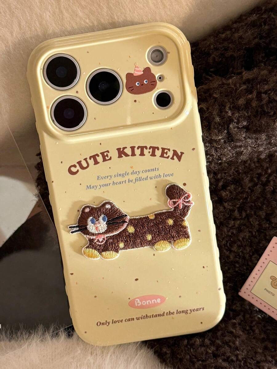 1pc 3D Embroidered Cat & Dog Phone Case Suitable For IPhone 11-17 Pro Max - Yellow - View 1