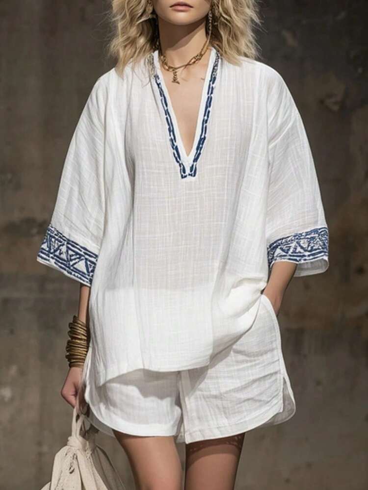 New 2-Piece Set For Women, Boho Style, Linen, Printed, V-Neck, Short Sleeve, Shorts, Perfect For Beach, Vacation And Summer Looks - trắng - Xem 12