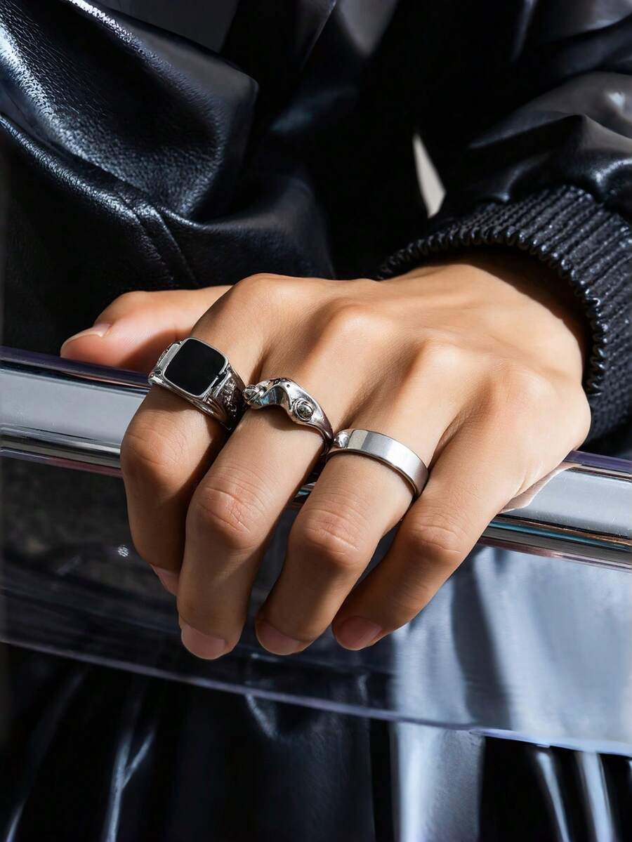 Bộ 3 nhẫn unisex, nhẫn trơn tối giản màu bạc và đen, nhẫn kim loại phong cách Gothic Punk, thích hợp cho Ngày Valentine, tiệc Halloween, trang sức. - nhẫn - Xem 1
