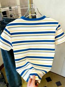 Camiseta de mujer de manga corta con cuello redondo y diseño minimalista a rayas - Multicolor 7 - Ver 2