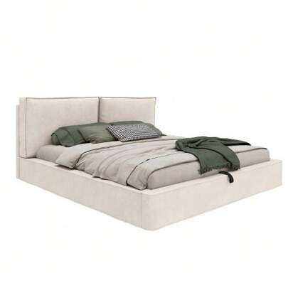 Upholstered Bed, Double Bed, 180 X 200 Cm, Hydraulically Adjustable Bed, Bed With Slatted Base, Headboard, Upholstered Headboard, Beige Chenille
