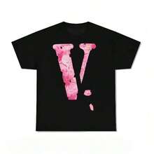 Unisex Short-Sleeved T-Shirt Y2k Style, Letter V Print, Men's Summer Graphic Top, Round Neck, Personalized, Loose Fit, Machine Washable, Quality Graphic T-Shirts. - 黑色 - 查看 1