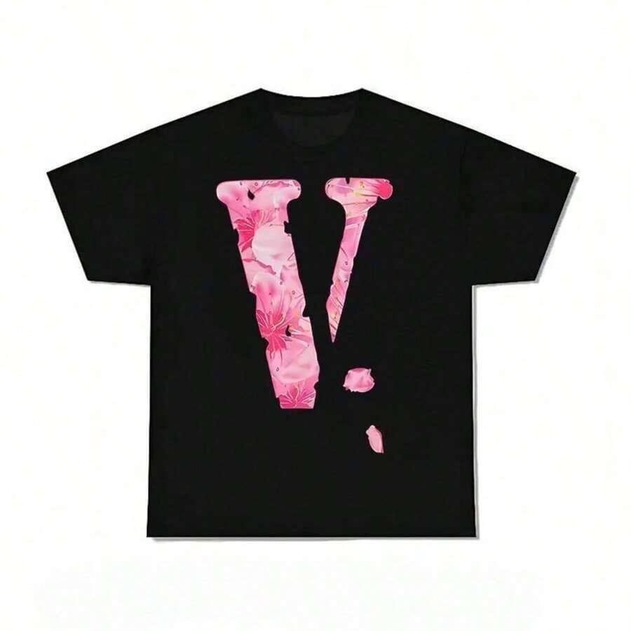 Unisex Short-Sleeved T-Shirt Y2k Style, Letter V Print, Men's Summer Graphic Top, Round Neck, Personalized, Loose Fit, Machine Washable, Quality Graphic T-Shirts. - 黑色 - 查看 1