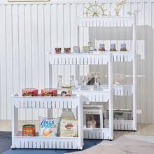 1 Set Carrito de almacenamiento rodante para el hogar, diseño hueco y transpirable, estante móvil práctico, carrito de almacenamiento de plástico portátil con ruedas giratorias, estantería de almacenamiento multifuncional de instalación rápida adecuada para el hogar, la cocina, el baño, el dormitorio, la lavandería, la oficina - Multicolor - Ver 7