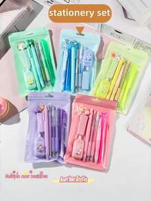 8件套文具套装 - 全新返校用品，包括荧光笔、吊坠、橡皮擦、修正带、2支圆珠笔、自动铅笔和中性笔 - 返校礼物，高品质学生用品礼盒套装，时尚实用学生学习套装，教育机构/教室赠品 - 預設 - 查看 2