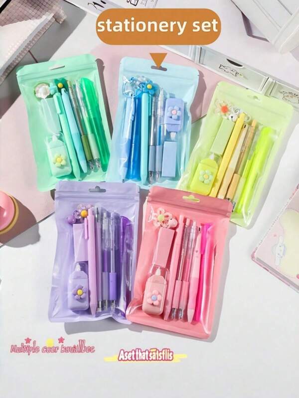 8件套文具套装 - 全新返校用品，包括荧光笔、吊坠、橡皮擦、修正带、2支圆珠笔、自动铅笔和中性笔 - 返校礼物，高品质学生用品礼盒套装，时尚实用学生学习套装，教育机构/教室赠品