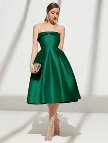Belle Vestido de noche de satén rojo burdeos sin tirantes, vestido de invitada de boda, vestido de fiesta, vestido de graduación - Verde - Ver 6