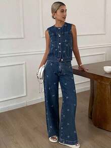 2 piezas Conjunto de chaleco sin mangas casual con estampado de moño y pantalones vaqueros sueltos de verano para mujer - Azul lavado medio - Ver 7